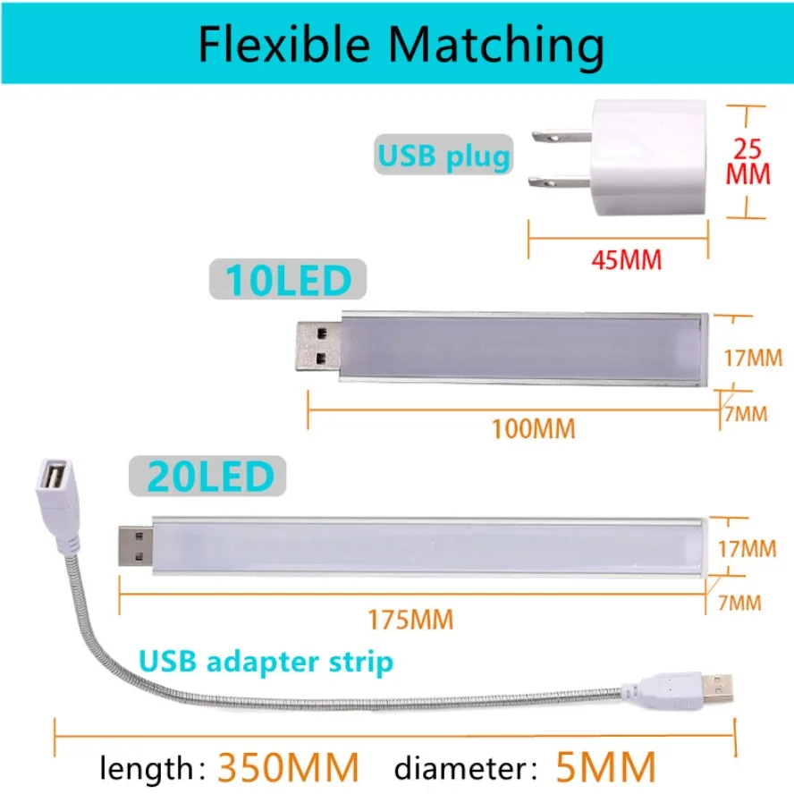 DC 5V Mini LED Night Light Portable Dimmable 10/20LEDs USB Reading Table Lamp Bendable Extension Pole US Plug Adapter Book Light