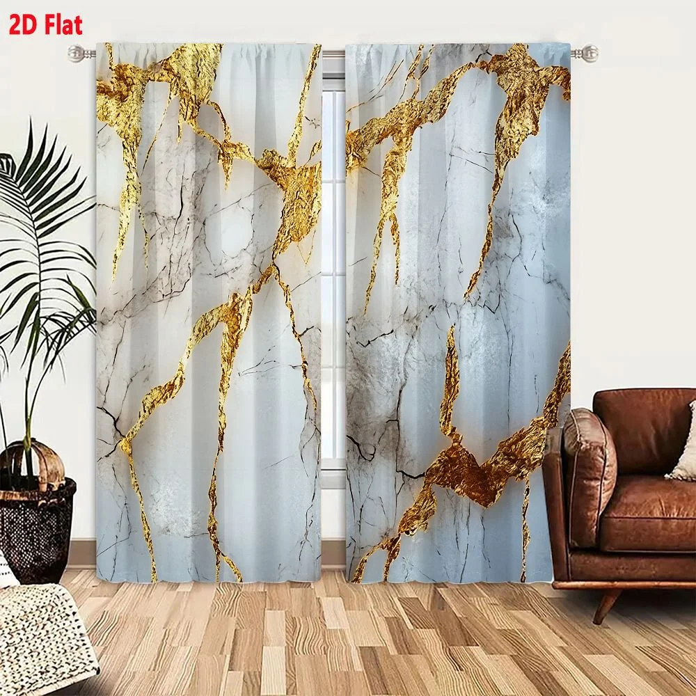 2Pcs Curtains Add 2D Flat White Marble Gold Leaf Texture Window Drapes for Bedroom Room Decor Decoration Window Treatment.