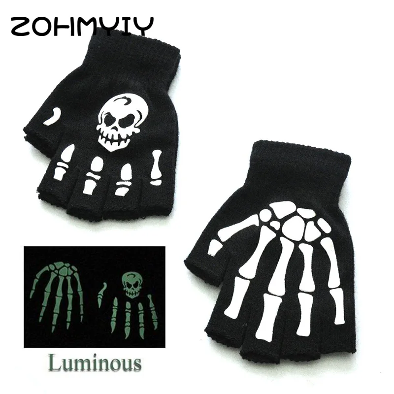 Fashion Halloween Style Gloves Luminous Horror Skull Bone Skeleton Half Gloves Novelty Unisex Mittens Winter Warmer Gloves