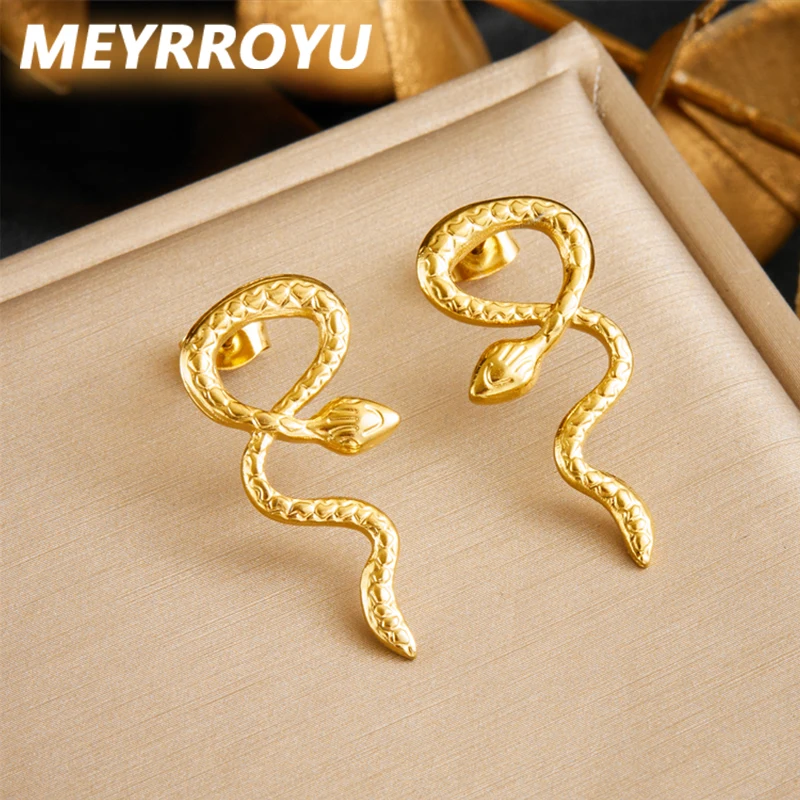 MEYRROYU 316L Stainless Steel Golden Textured Intersect Snake Earrings For Women Fashion Current New Ear Jewelry Lady Gift Party