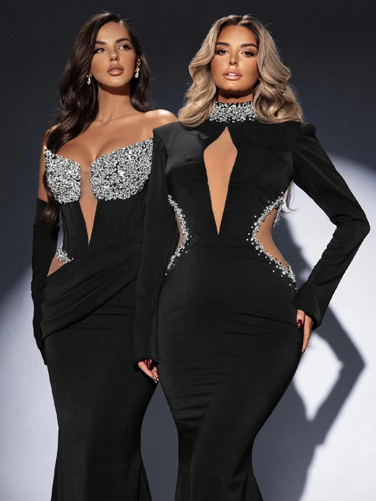 فستان طويل مثير أسود بأكمام طويلة وفتحة عالية مع فتحات كريستالية - فستان سهرة عميق على شكل حرف V للمناسبات الرسمية
