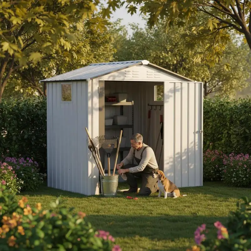 

Steel Outdoor Storage House 6X3.6FT For Garden Backyard Patio, Peaked Roof Design Clear Window Lockable Door Metal Enclosure