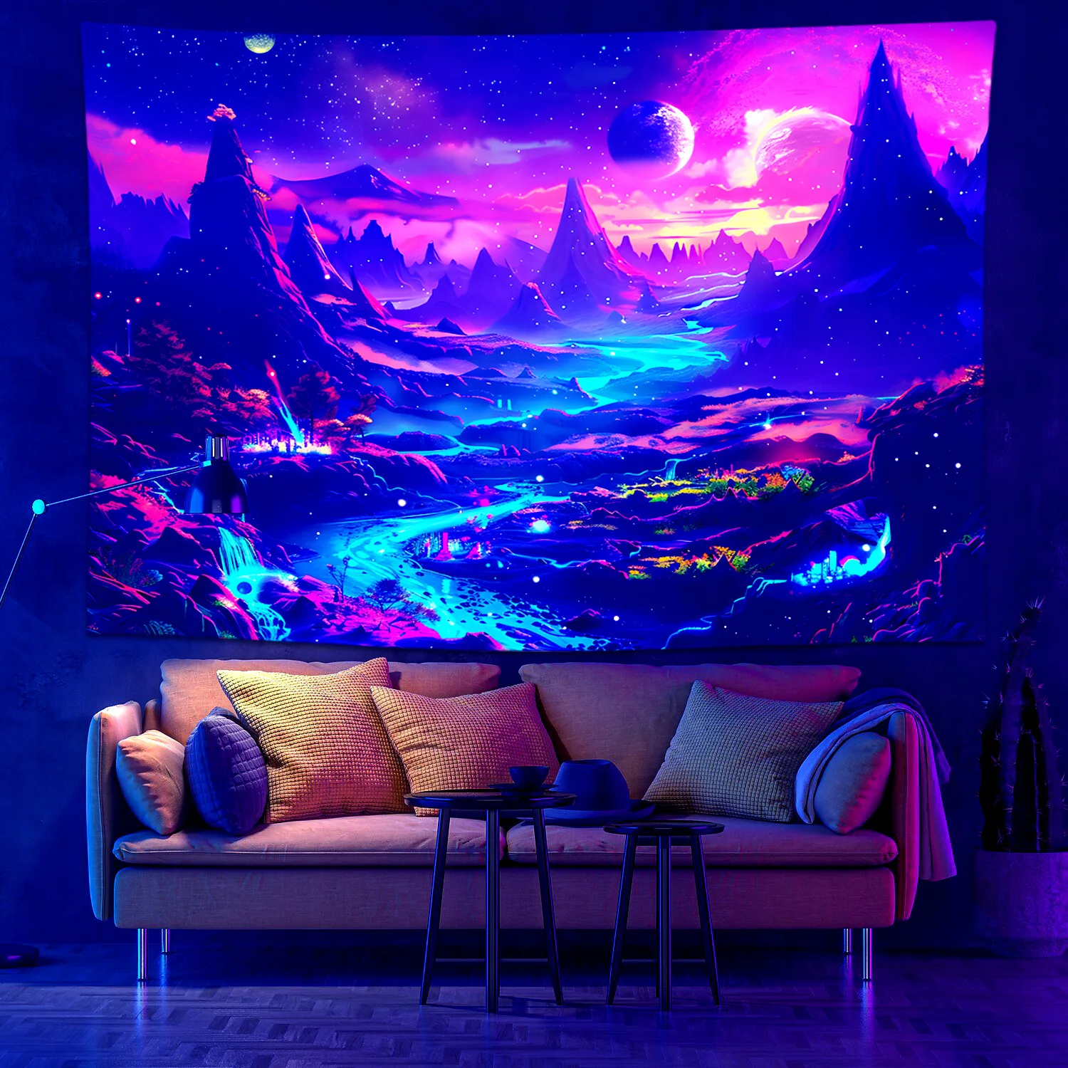 VIKAMA Neon-Sternenhimmel-Hintergrundteppich – Cyberpunk-Stil, Wandbehang für Schlafsäle und Gaming-Räume, Heimdekoration
