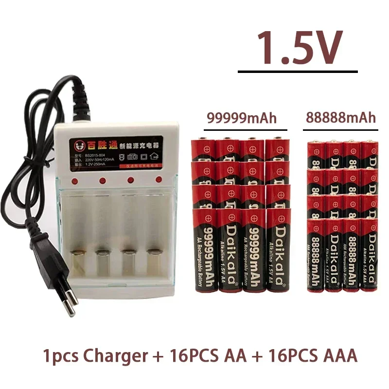 High-Capacity AA AAA Battery Set 2025 NEW 1.5V 99999mAh AAA 88888mAh with Charger Rechargeable for Flashlight MP4 Toy