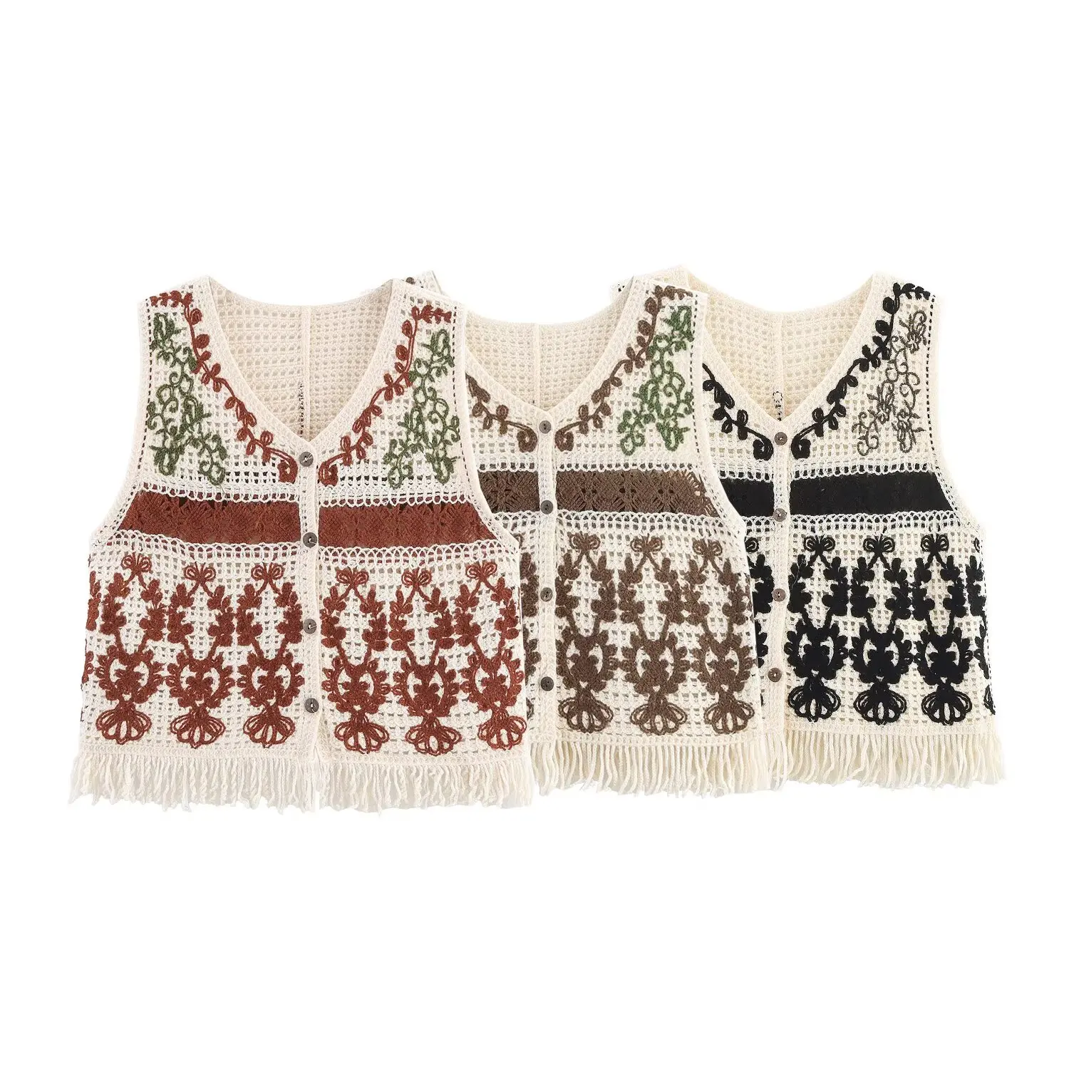 

BM&MD&ZA Womens Casual Fashionable Ethnic - style Knitted Jacquard Mesh Sleeveless Vest Waistcoat with Hem Tassel Decoration