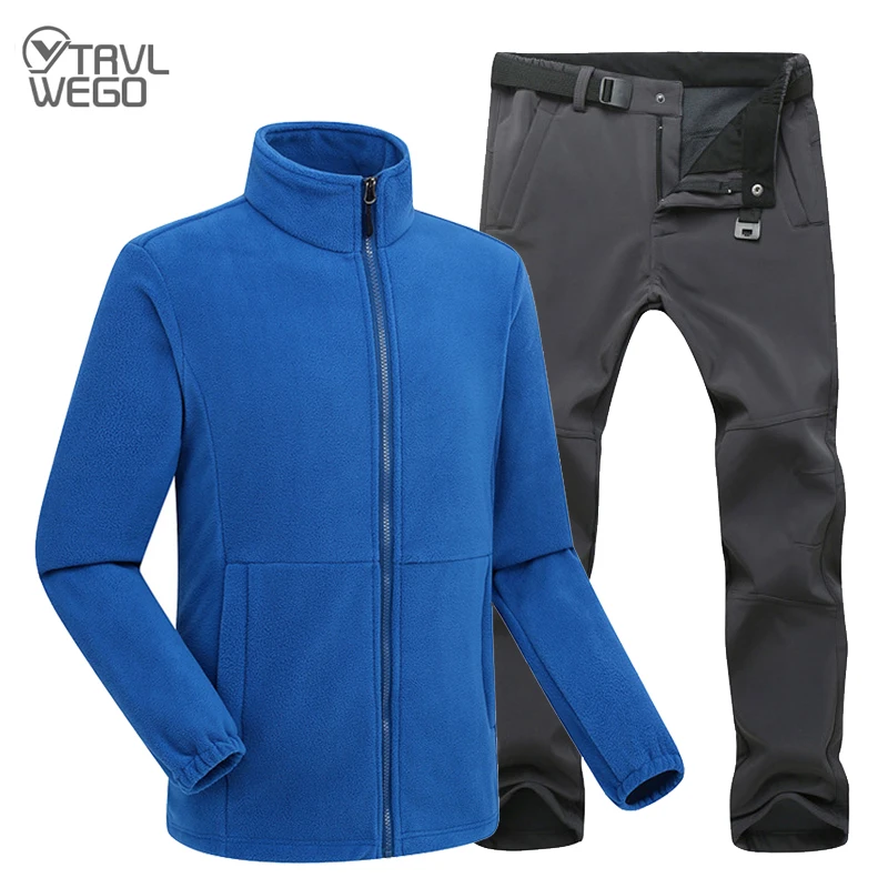 

TRVLWEGO Winter Men Hiking Jacket Pants Outdoor Thermal Fleece Softshell Sets Trekking Camping Coat Climbing Ski Trousers Suit