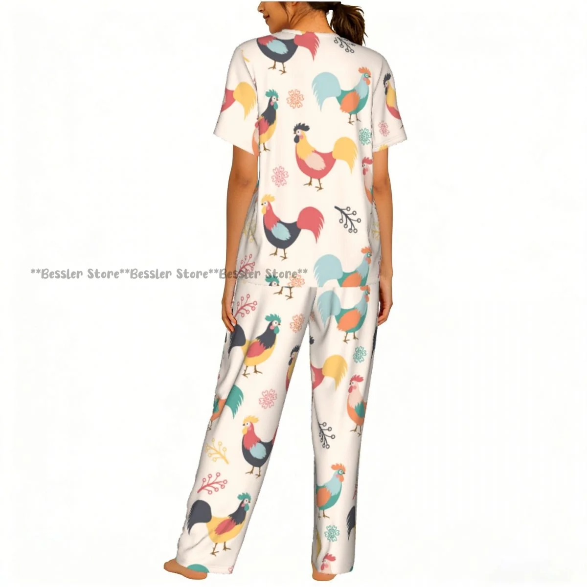 Women's Comfort Pajamas Women's Beautiful Roosters Branches And Flowers Background Short Sleeve Set Sleepwear view 4