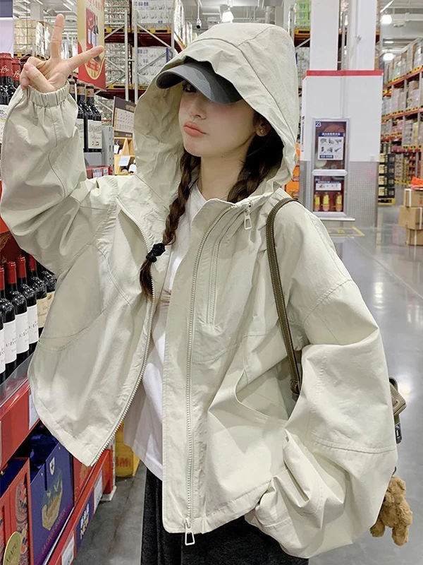 

Женская весенняя повседневная куртка больших размеров с капюшоном в корейском стиле, свободного кроя, с длинными рукавами, на молнии