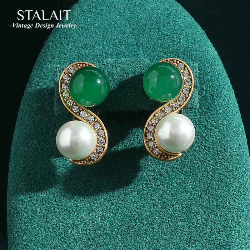 

Vintage Green Earrings Jade Pearl Rhinestone Antique Jewelry Stud Gold Color Red Stone Luxury Retro For Woman Accessories 2025