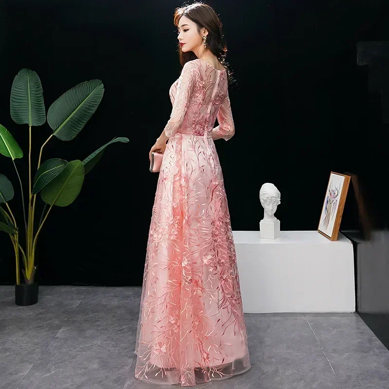 It\'s Yiiya Customized Evening Dress O-neck Embroidery Pink Half Sleeve Zipper Floor Length Plus Size Formal Gowns robe de soiree