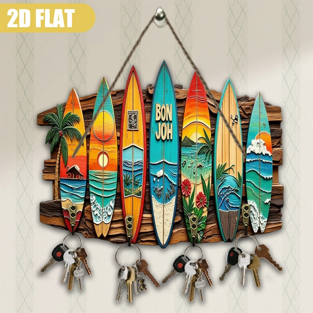 2D Retro Beach Surfboard Wooden Key Holder Multi-Functional Wall Hanging Home Decor Storage Organizer Ocean Lovers Gifts