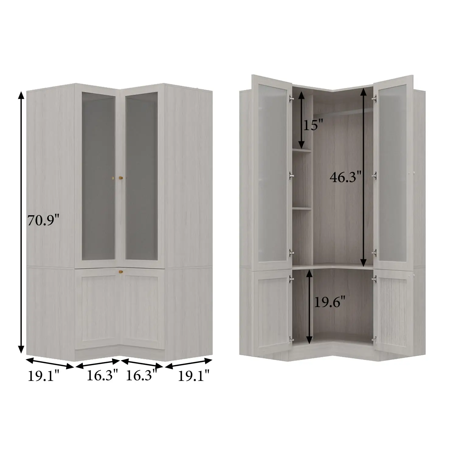 L-Shaped Corner Wardrobe with Frosted Glass Door & Hanging Rod, Bedroom Armoire, Wood Grain 35.4