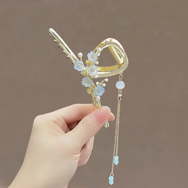 Retro Blume Quaste Krabben Haar Clip Hanfu Stil Haar Zubehör Metall Haar Klaue Shark Clip Für Frauen Mädchen Styling Ornament