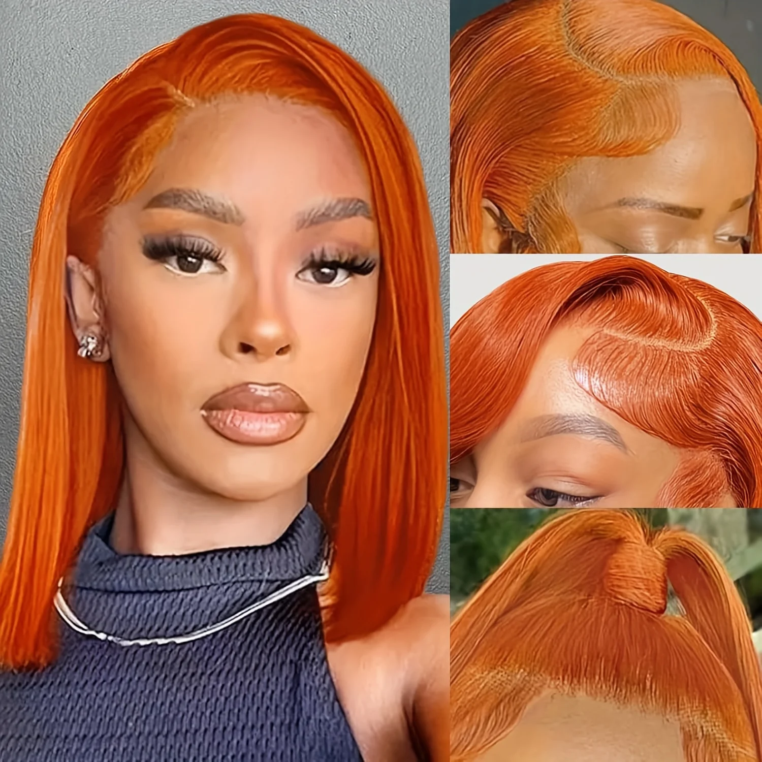

Ginger Bob Wig real Hair 13x4 high definition lace forehead, Orange Bob Wig Straight Hair