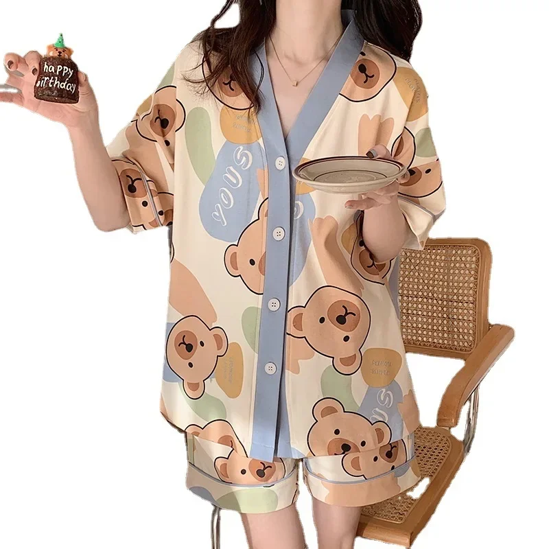 2023 Summer Women's Shorts and Blouse Sets Milk Silk Soft  Sleepwear 2 Pieces Outfit Pajamas Set Korean Loungewear Home Clothes