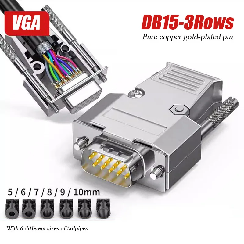 Позолоченный разъем для паяльной головки VGA, 3 ряда, 15 контактов, вилки для монитора компьютера и проектора VGA, соединения из чистой меди