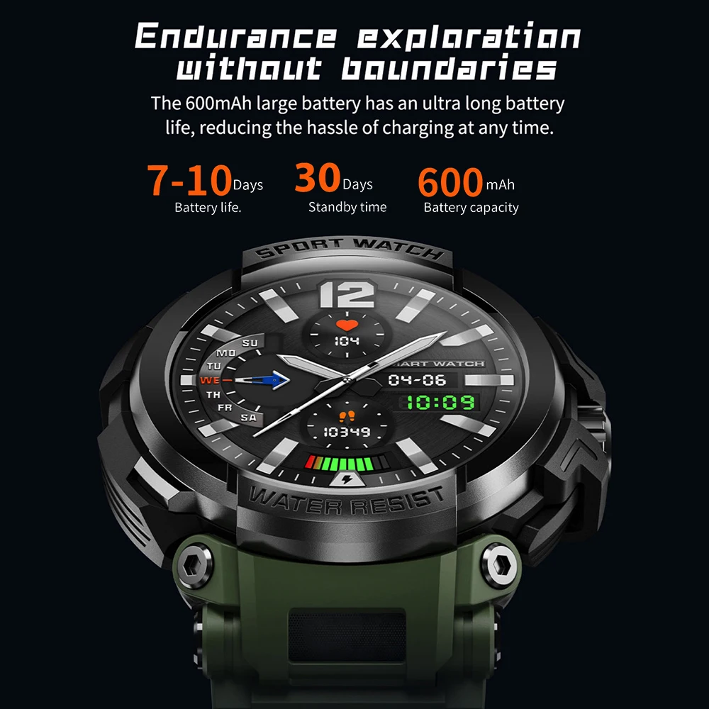 Новые спортивные часы для фитнеса на открытом воздухе, мужские умные часы с синим зубом, аккумулятор 600 мАч, умные часы с пульсометром, часы для здоровья, IP68, водонепроницаемые