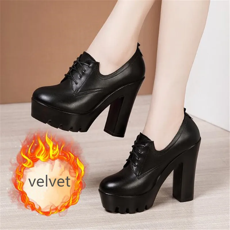 Women's High Heels Women 2023 Autumn New Deep Mouth Lace Up Thick Heel Platform Pumps Size 32-43 Ladie Office Shoes Women Boots