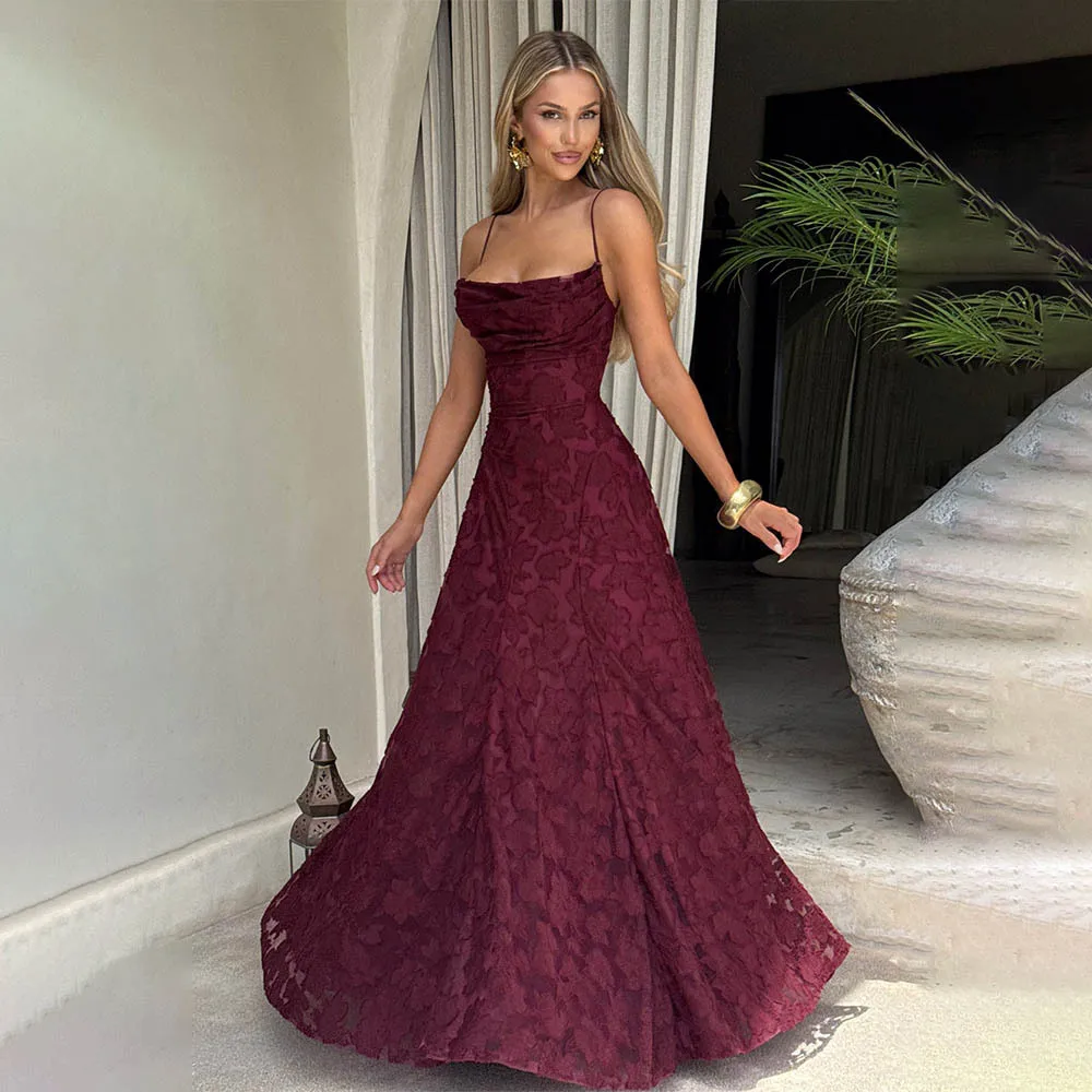 Robe longue en mousseline jacquard pour femme, dos nu, style bandage, pour soirée d'été, invitée de mariage, vert, blanc, bordeaux, rose, remise de diplôme