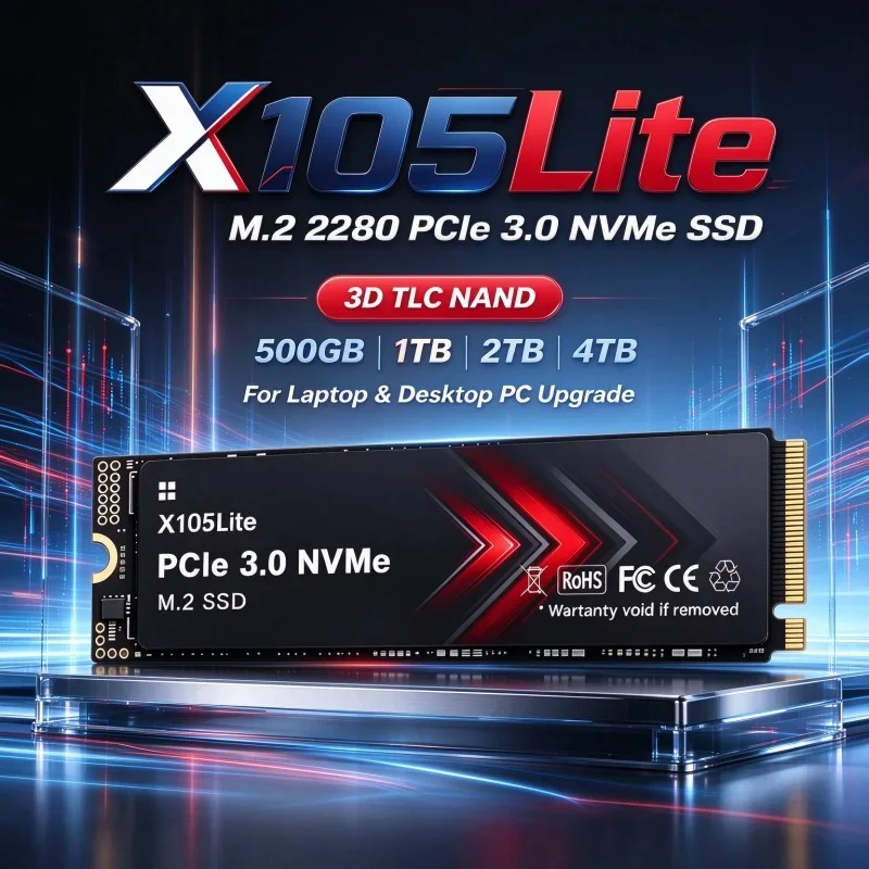 X105Lite SSD NVMe M.2 2280 PCIe3.0 3D TLC NAND 500GB/1TB/2TB/4TB Disco Rígido de Alta Velocidade para Atualização de Desktop, Laptop e PC