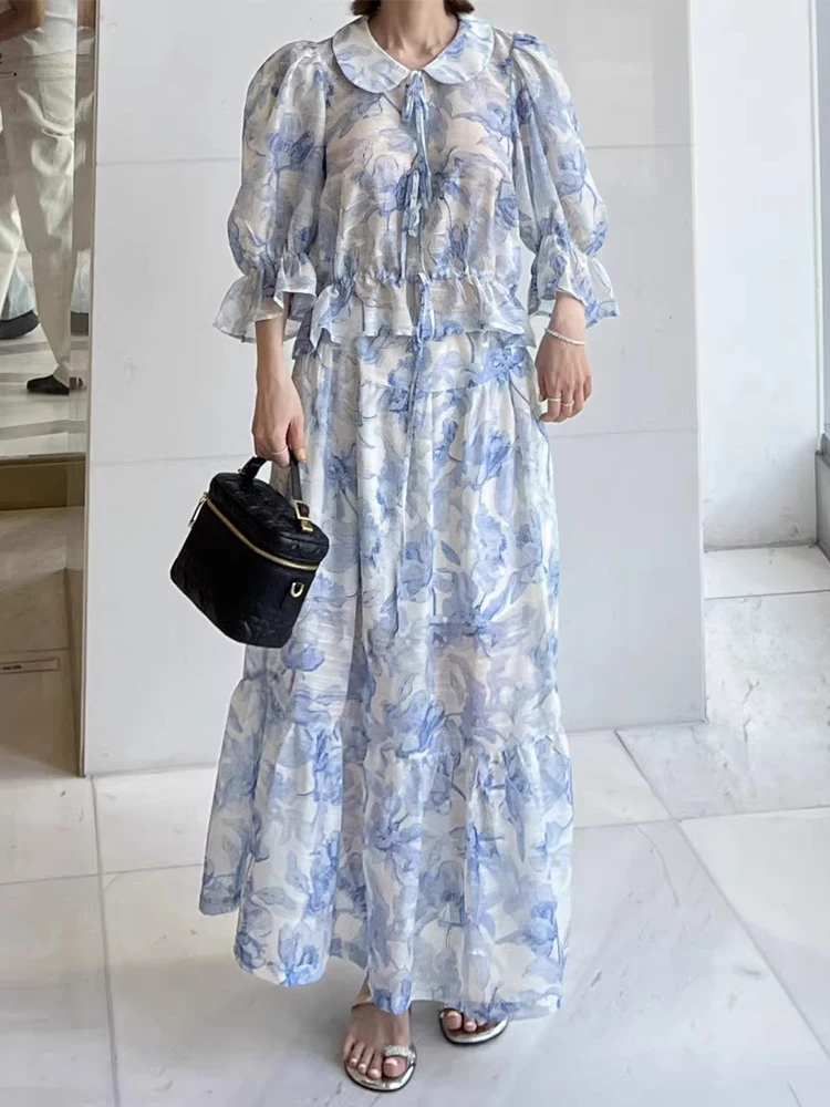 

Ele Floral Print Chiffon irt with Belt for Women f Skirt Summer New Sle Vaion Theme Loose Fit Faion Set