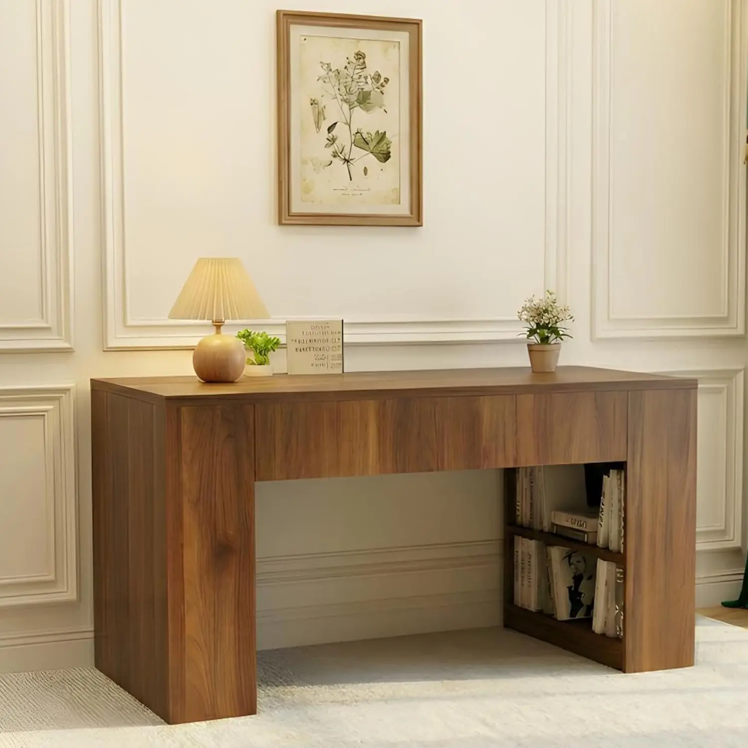 

47" Modern Walnut Computer Desk with Built-in Shelves & Drawer, Heavy-Duty Solid Wood Workstation for Home Office