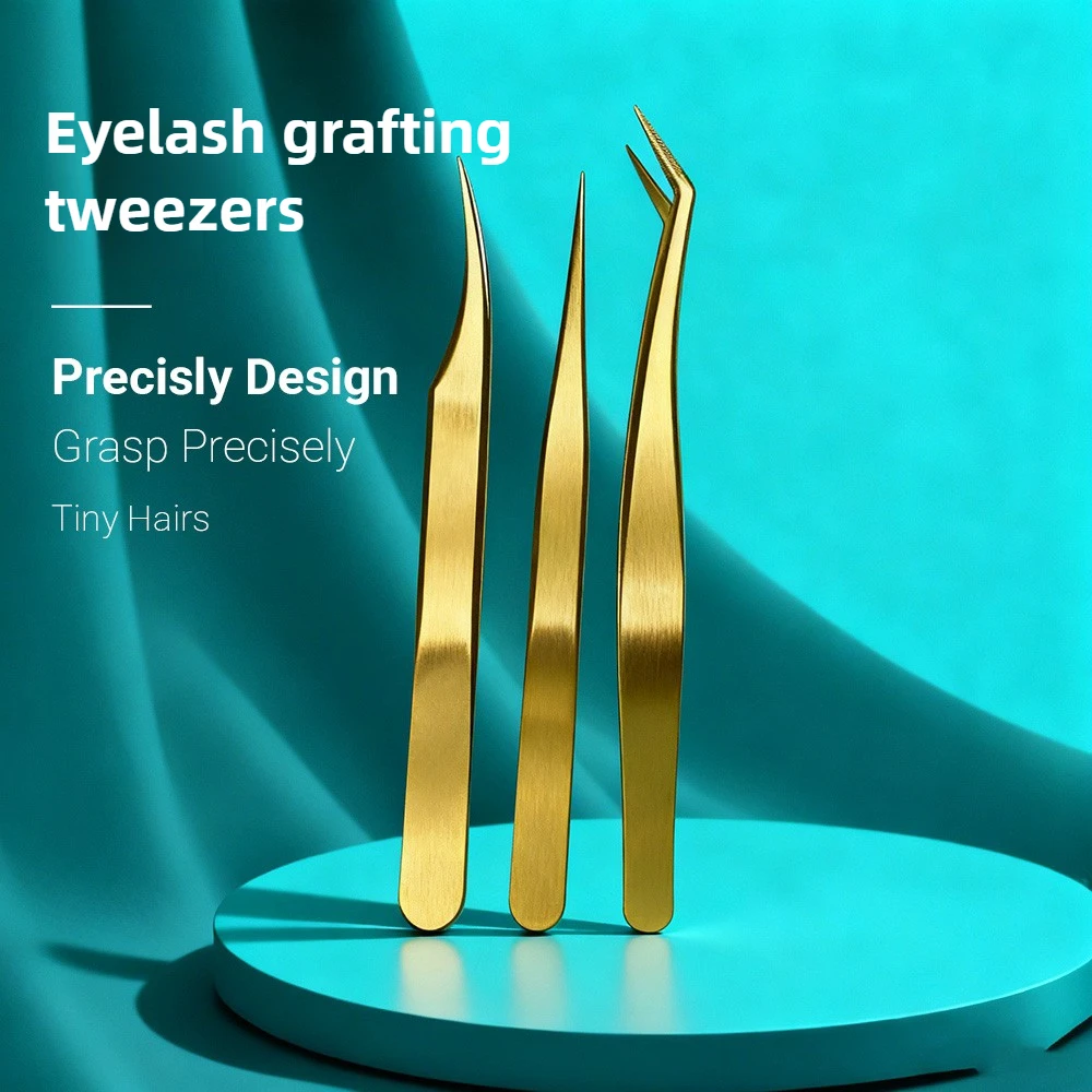 Costume de pincettes à cils de haute précision en acier inoxydable, outil de greffage de cils, ensemble de pinces à sourcils pour débutant-doré