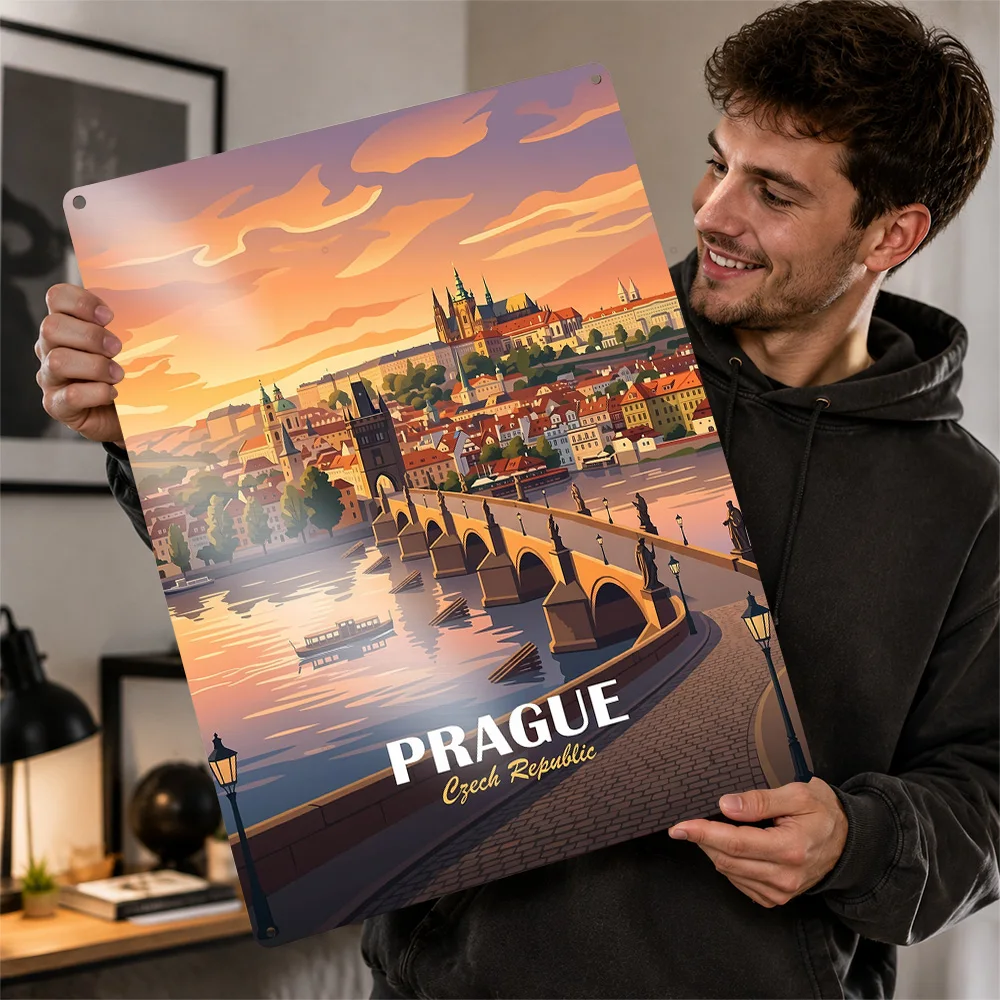 Prague Charles Bridge Sunset Travel Aluminum Poster Personalized Metal Sign Retro Cityscape Tribute Wall Art Enhances Entryway