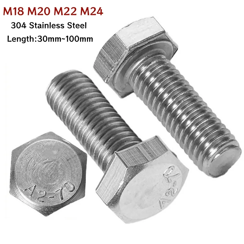 1pcs M18 M20 M22 M24 Fully Threaded Hexagon Head Bolt 304 A2 Stainless Steel External Hex Head Screw Lengthen Thread 30-200mm