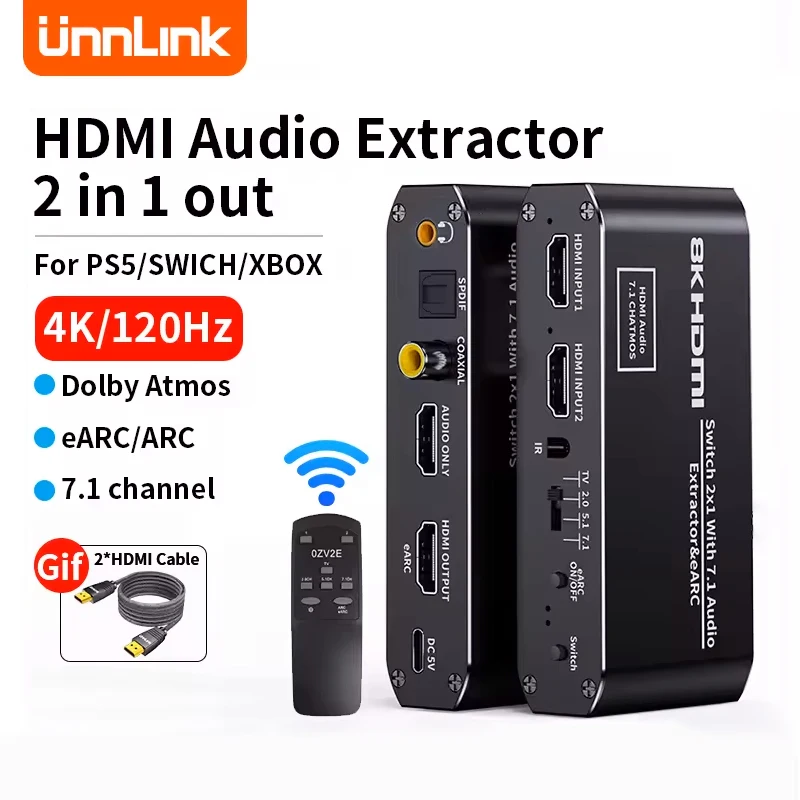 

Unnlink 8K HDMI Audio Extractor 8K@60Hz Splitter Switcher 7.1 channel eARC /ARC 2 In 1 Out With SPDIF Optical Coaxial Aux