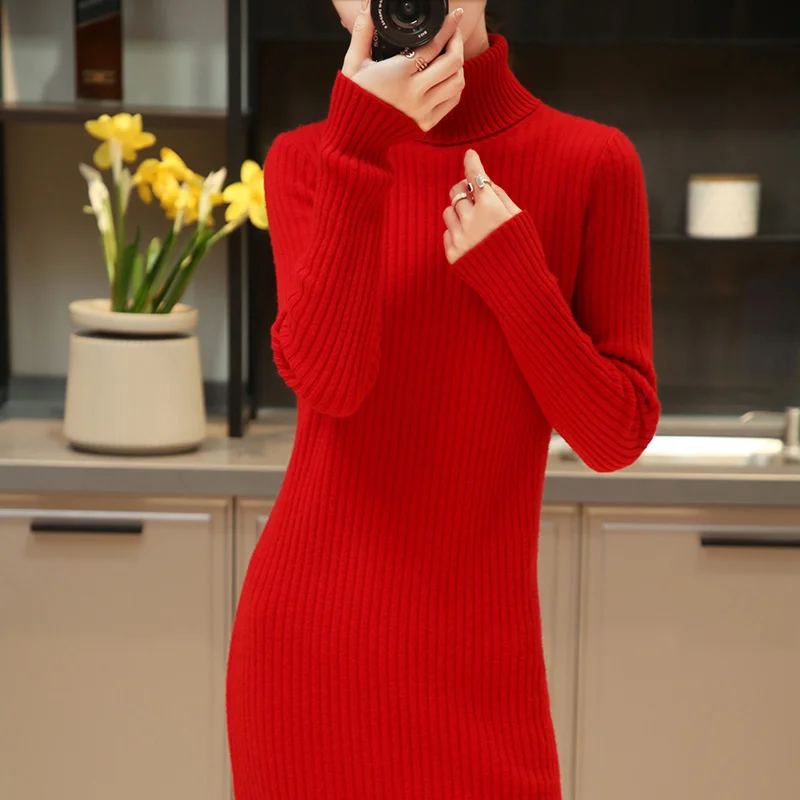 2022 New 100% Pure Wool Sweater Dress For Women Knee-length Solid Turtleneck Pullover High Elastic Straight Cozy Slim Dresses