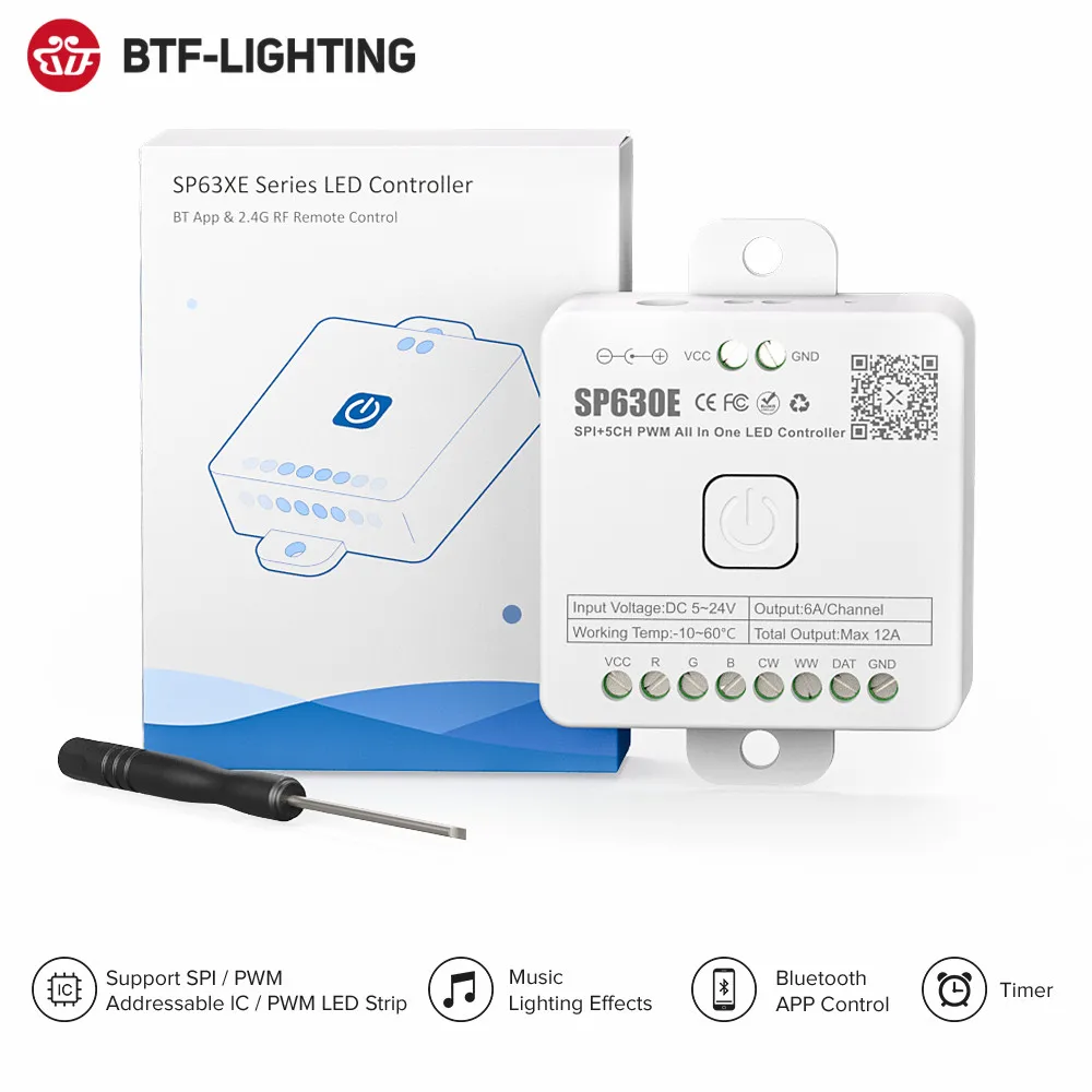 SP630E All-in-One LED-Controller 5CH PWM SPI Pixel LED-Lichtstreifen WS2812B WS2811 SK6812 FCOB 5050 RGB RGBW CCT Musik BT 5V-24V