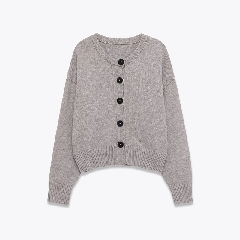 

Весенне-осенний серый мягкий вязаный кардиган для женщин, повседневная верхняя одежда на пуговицах спереди с длинными рукавами и круглым вырезом