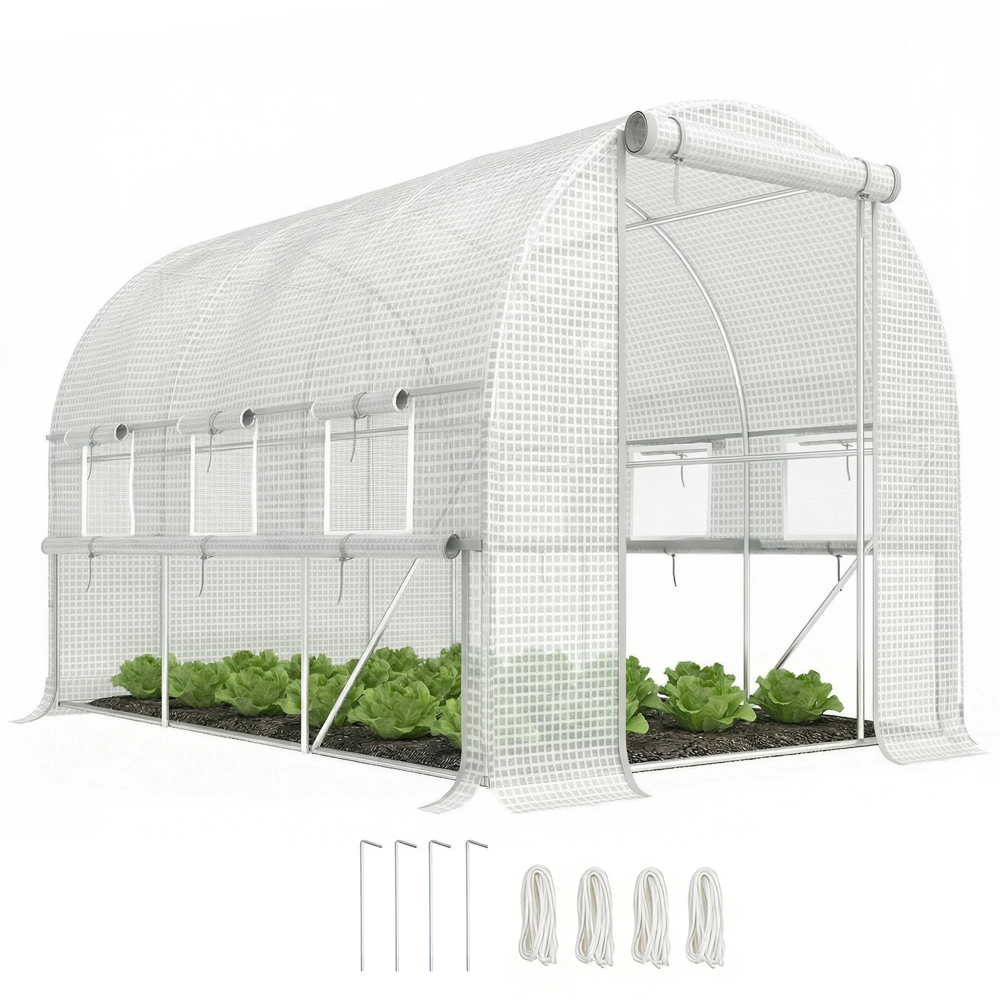 Serre de jardin tunnel serre tunnel 6 m² avec 6 fenêtres porte enroulable toile PE structure en acier galvanisé blanc