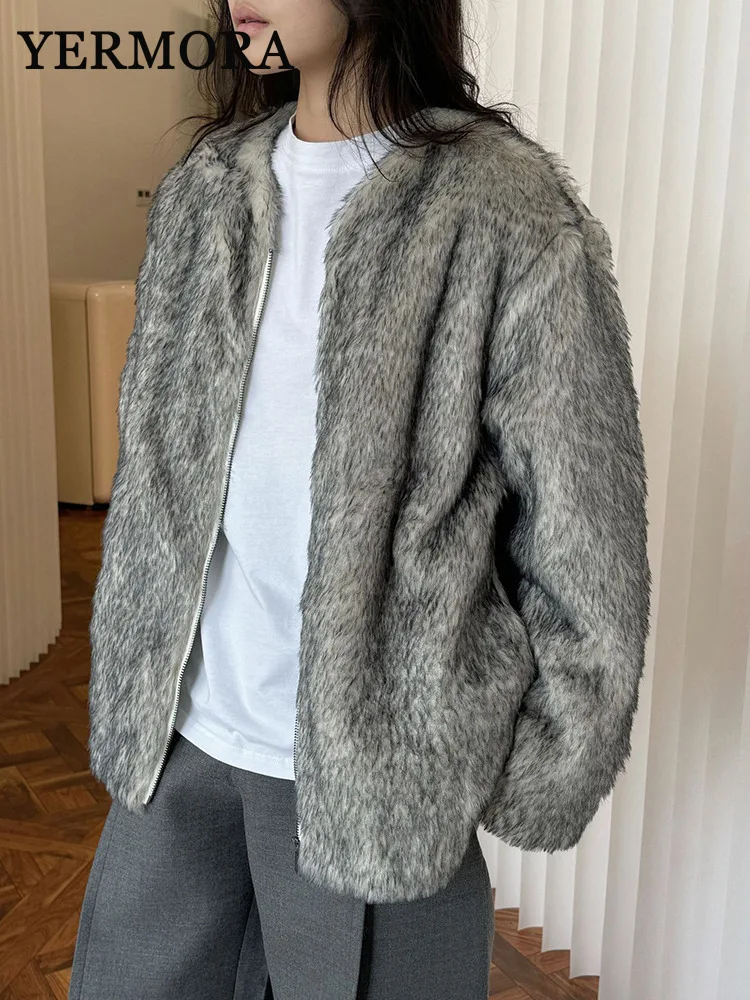 YERMORA Gray Thick Warm Big Size Elegant Faux Fur Jacket New V-Neck Long Sleeve Women Coat Fashion Tide Autumn Winter 2024