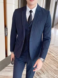 ( Jacket + Vest + Pants ) Prom Groom Tuxedos Latest Designs Male Wedding Suits 3Pcs Set Men's striped casual business suit