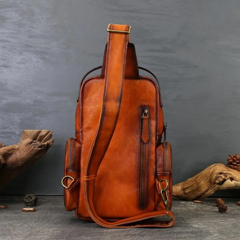 Unisex Full Grain Leather Vintage Chest Pack Pure Color Leisure Travel Commuting Bag Functional Soft Sling Bags
