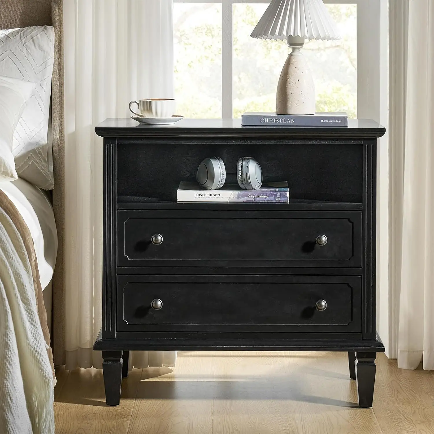 Nightstand with Charging Station, Farmhouse End Table, USB Ports, Black