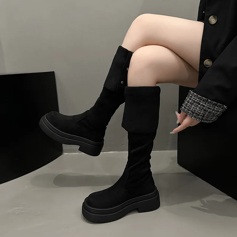 Botas por encima de la rodilla, Botas Largas para mujer, botas de invierno de tubo alto, tubo largo, suela gruesa, tacón grueso elástico, botas tipo calcetín holgado