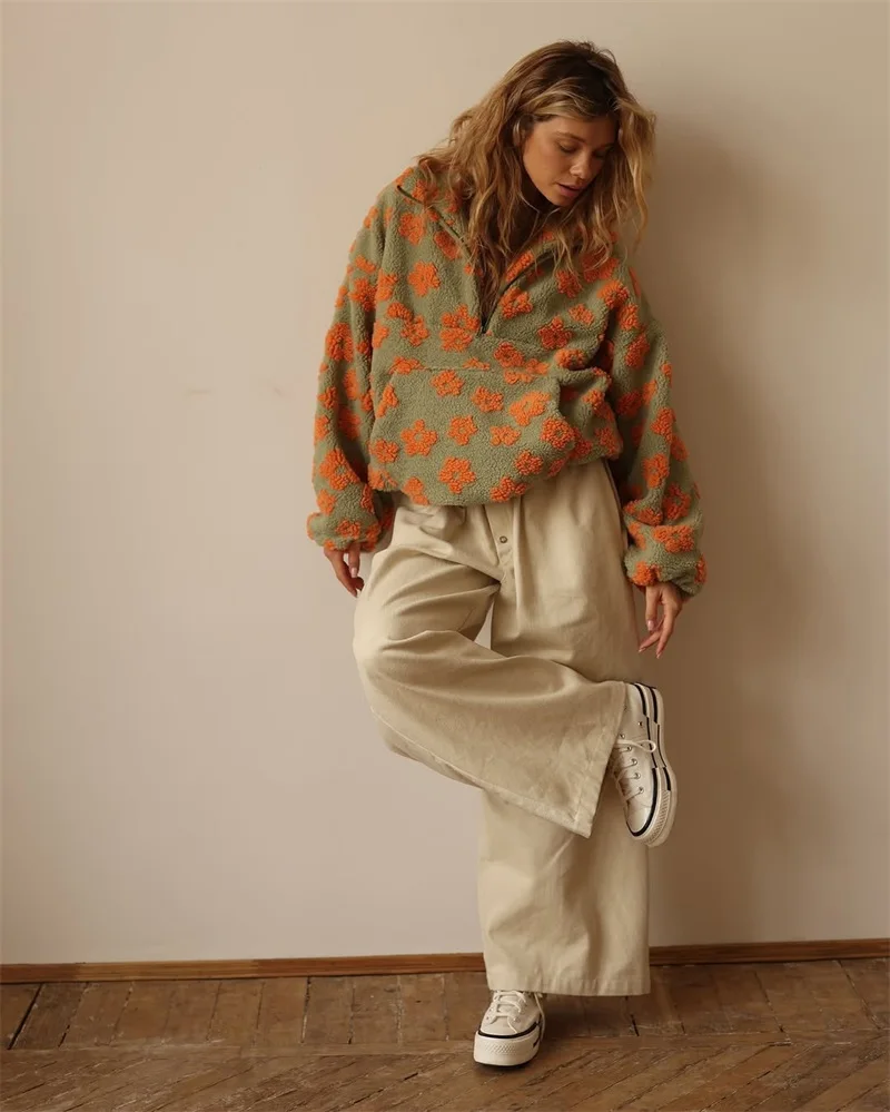 Autumn Women Jacket Imitation Lamb Wool Flower Print Loose Zipper Sweatshirt Long Sleeved Top Winter Warm Casual Daily Coat