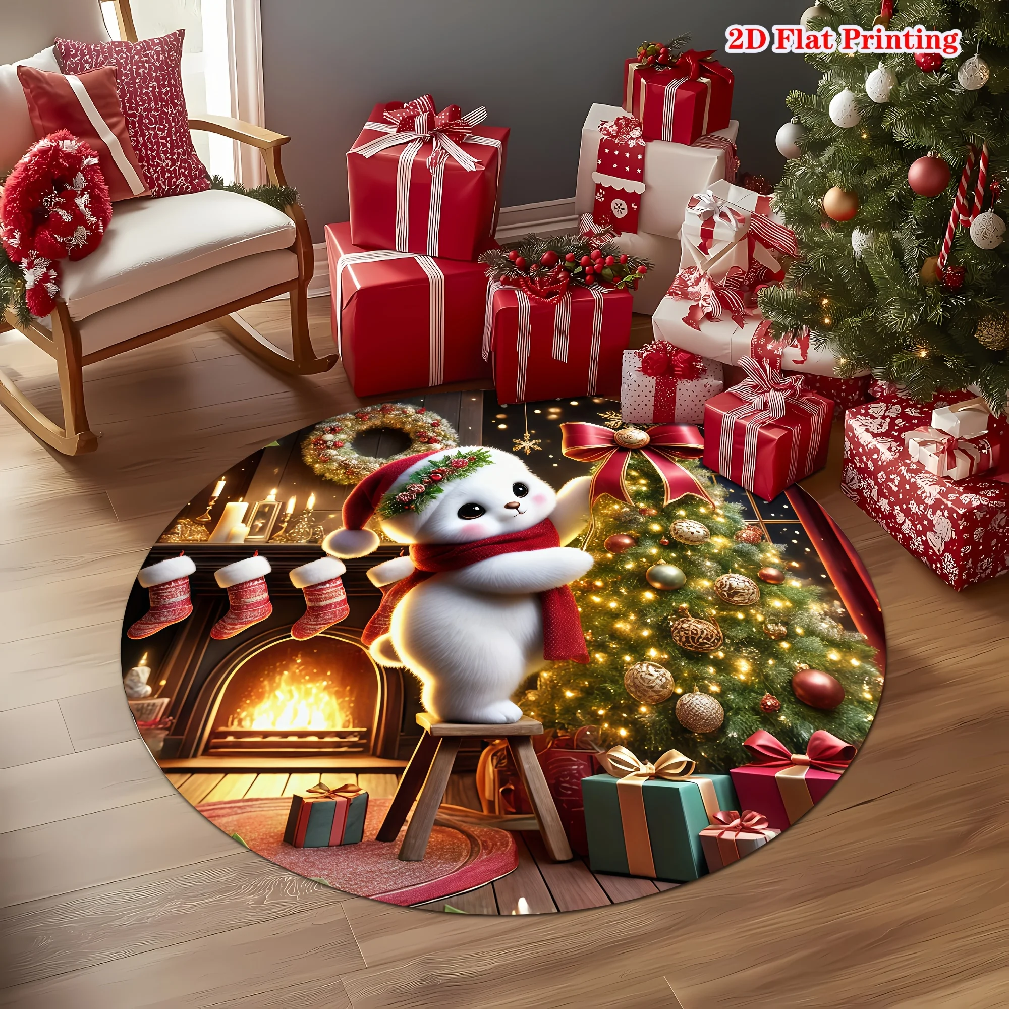 1pc Cute Bear Santa‑Hat Christmas Round Area Rug, Indoor & Outdoor Comfortable Floor Mat for Kitchen, Home, Office, Laundry Room