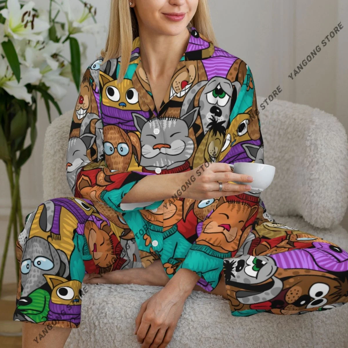 

Women Sleepwear Pajamas Comic Cartoon Cats And Dogs Long Sleeve Pijama Female Set Negligee Cardigan Suit