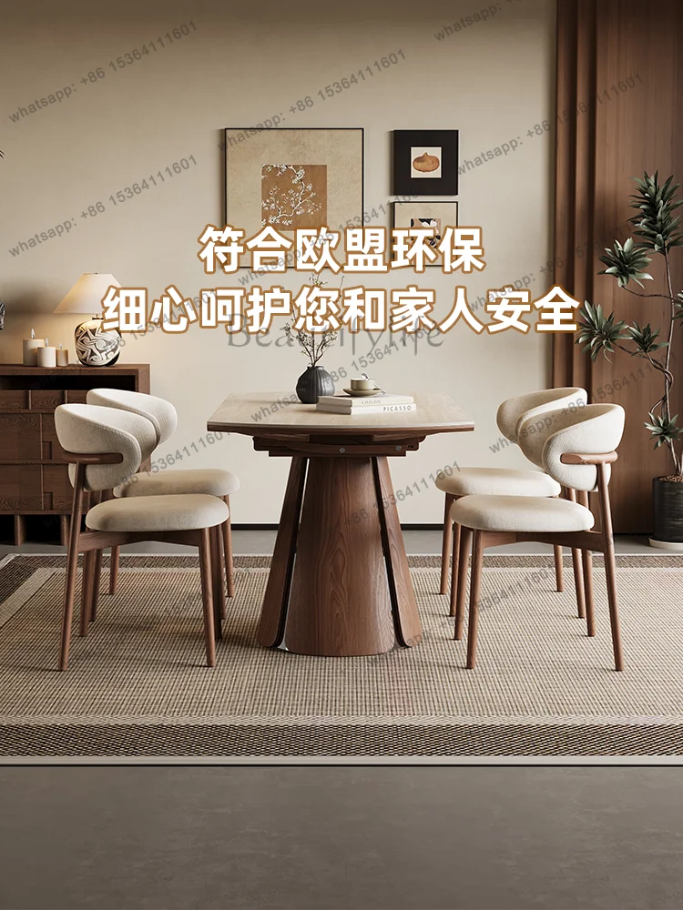 Travertine rock slab solid wood retractable dining table square and round dual-purpose Nordic medieval foldable