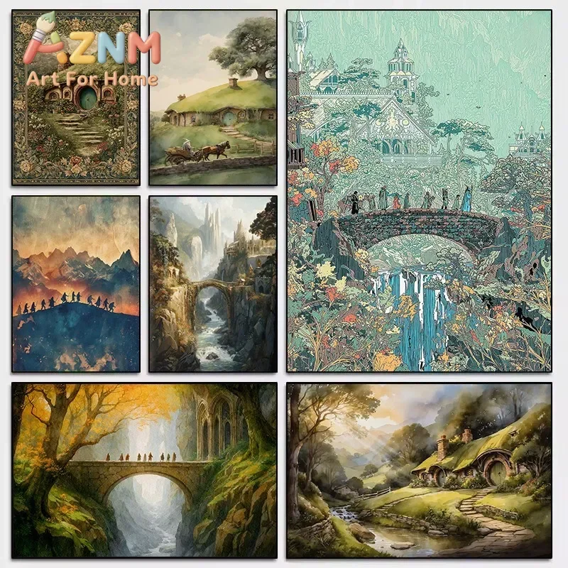 AZNM Fantasy Middle‑earth Hobbit Canvas Wall Art Magical Elf Castle Scenery Print Poster for Geek Fan Living Room Bedroom Home W