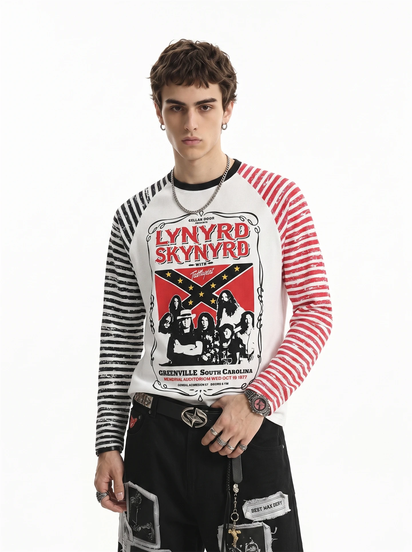 BETEBULE American Retro Letter Character Striped Long Sleeve T-Shirt Men's Loose Waffle Patterned Top for Autumn New Style