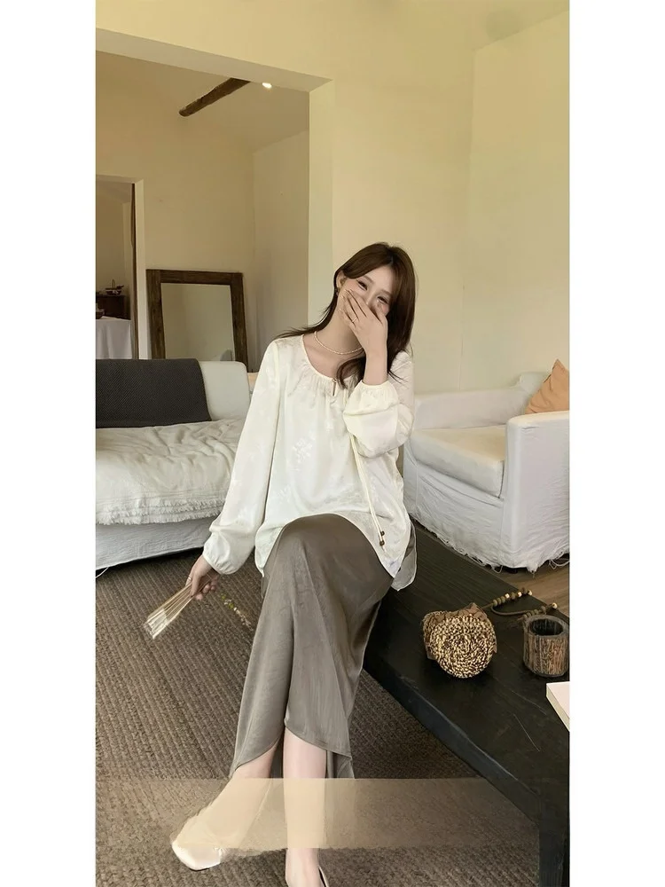 

Женская повседневная рубашка больших размеров с длинным рукавом в китайском стиле, стройнящая, для полных женщин