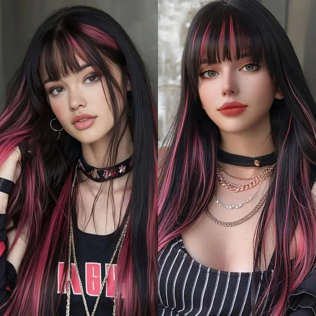 

EASIHAIR Black And Pink Highlight Synthetic Wigs for Women Long Straight Cosplay Hair Wigs With Bangs Daily Party Heat Resistant
