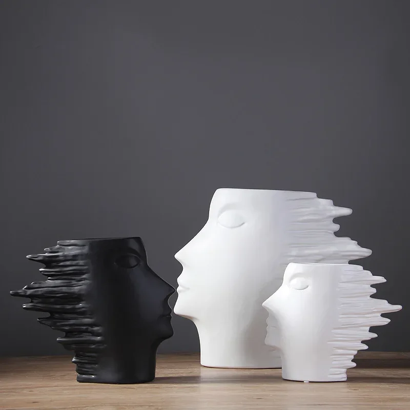 Ceramic ornament sculpture Creative handicrafts vase Nordic home decor black white matte face vase American avatar soft decor