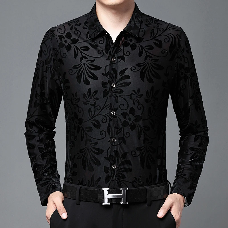 Exquisite Fashion Casual Shirts For Men Hollow Lace Long Sleeved Spring Quality Velvet Soft Comfortable Luxury Camisas De Hombre