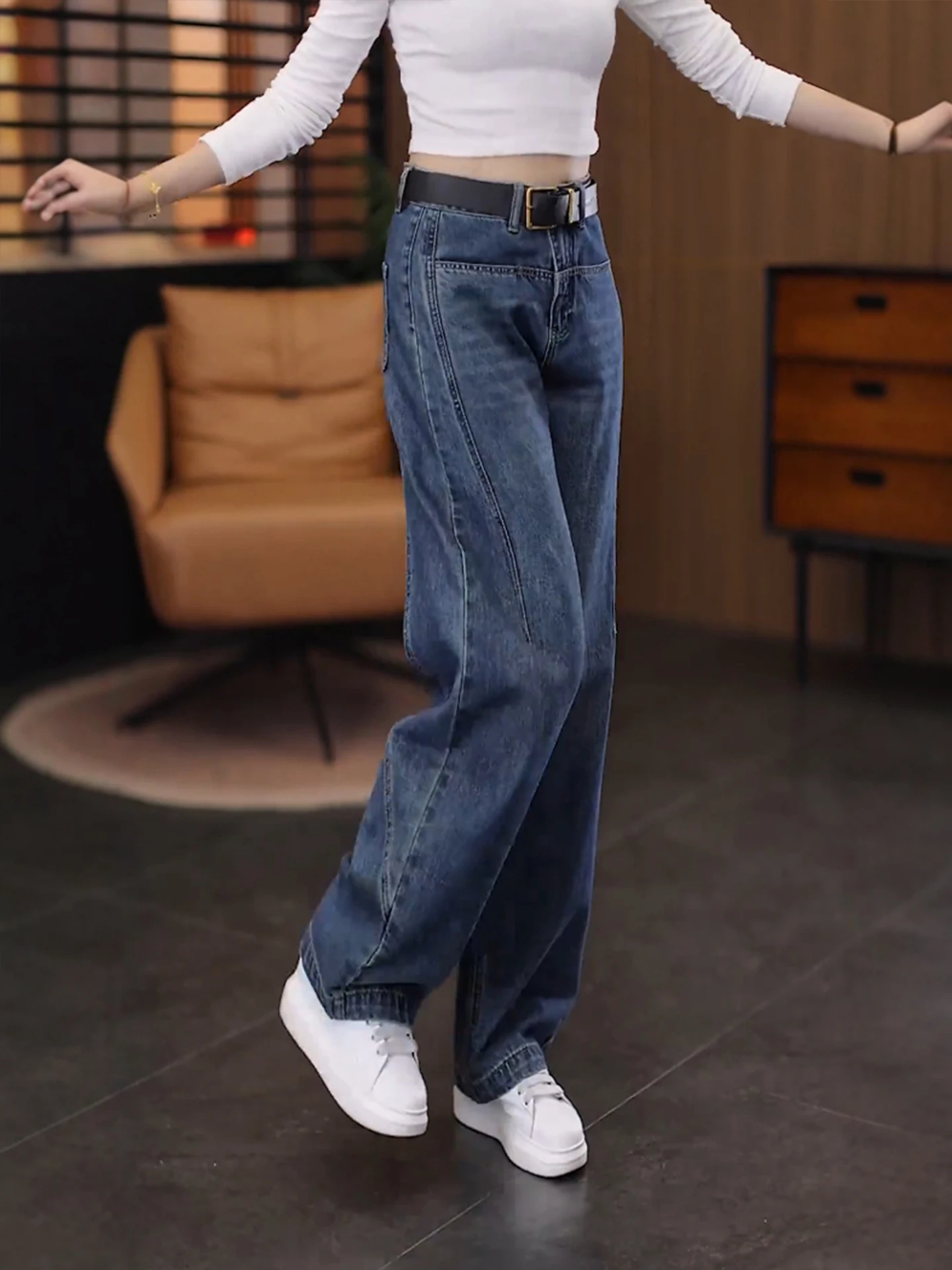 

Широкие джинсовые джинсы в стиле ретро, женские осенние новые свободные утягивающие брюки больших размеров, маленькая высота, коса, повседневные брюки грушевого цвета